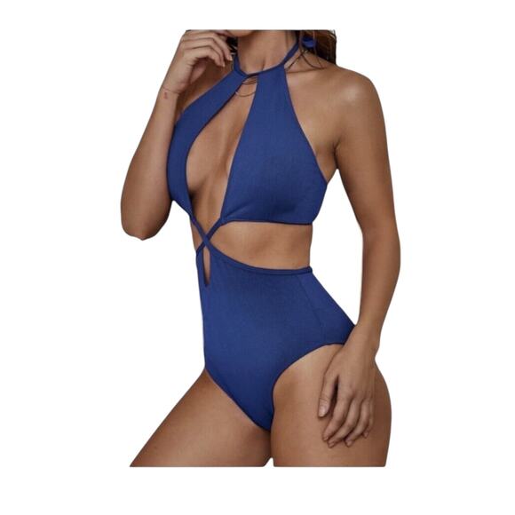 MONOBIKINI SWIMSUIT SZ S Women’s Sexy Criss Cross Ribbed Cut Out Blue - Picture 3 of 8